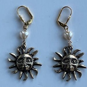 Vintage Sunburst Celestial Lever Back Earrings Dangle Faux Pearl Hearts